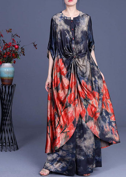 Blue Print Low High Design Long Shirts Wide Leg Two Pieces Set