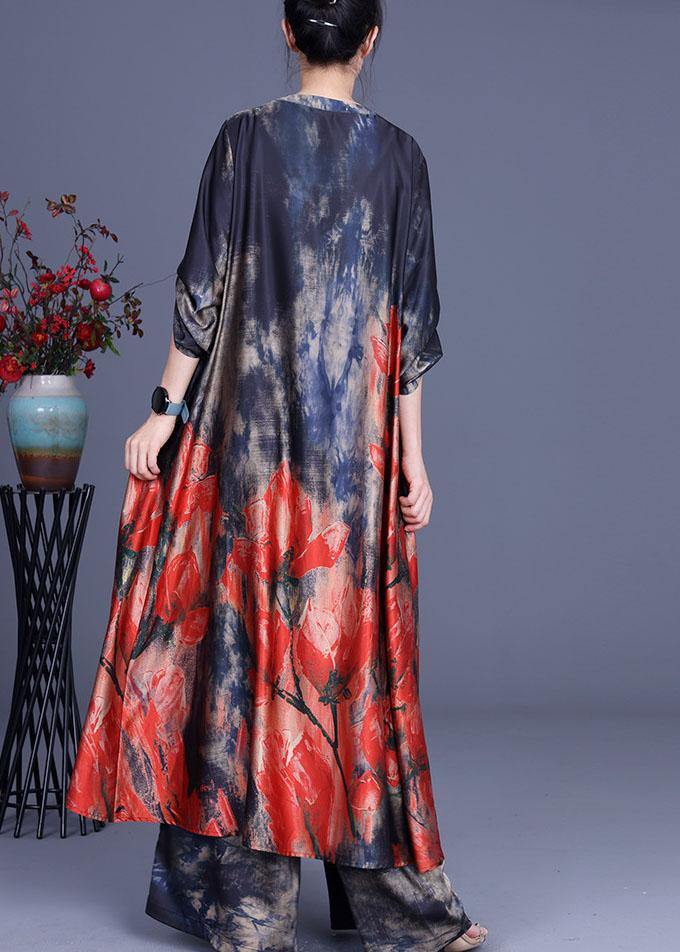 Blue Print Low High Design Long Shirts Wide Leg Two Pieces Set