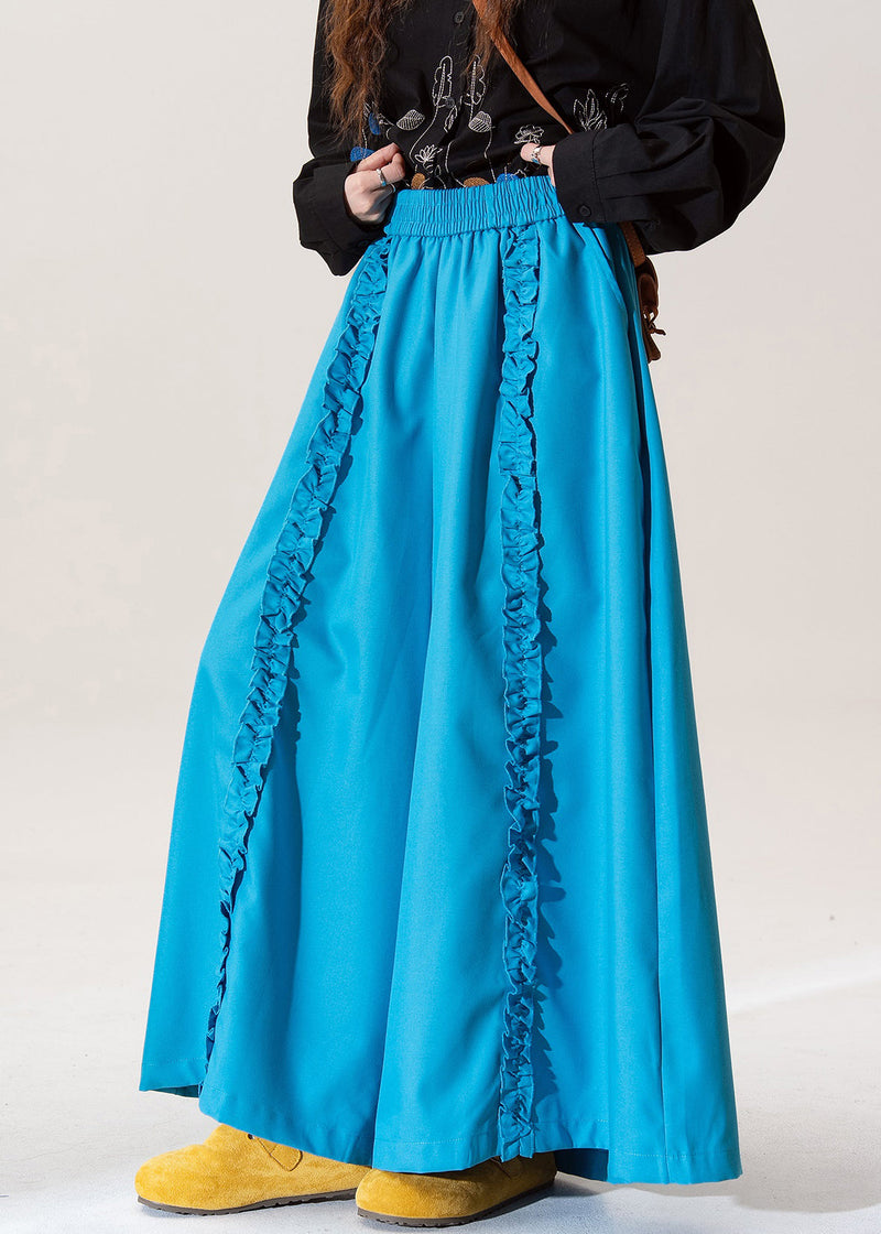Blue Ruffled Elastic Waist Cotton Pants Spring