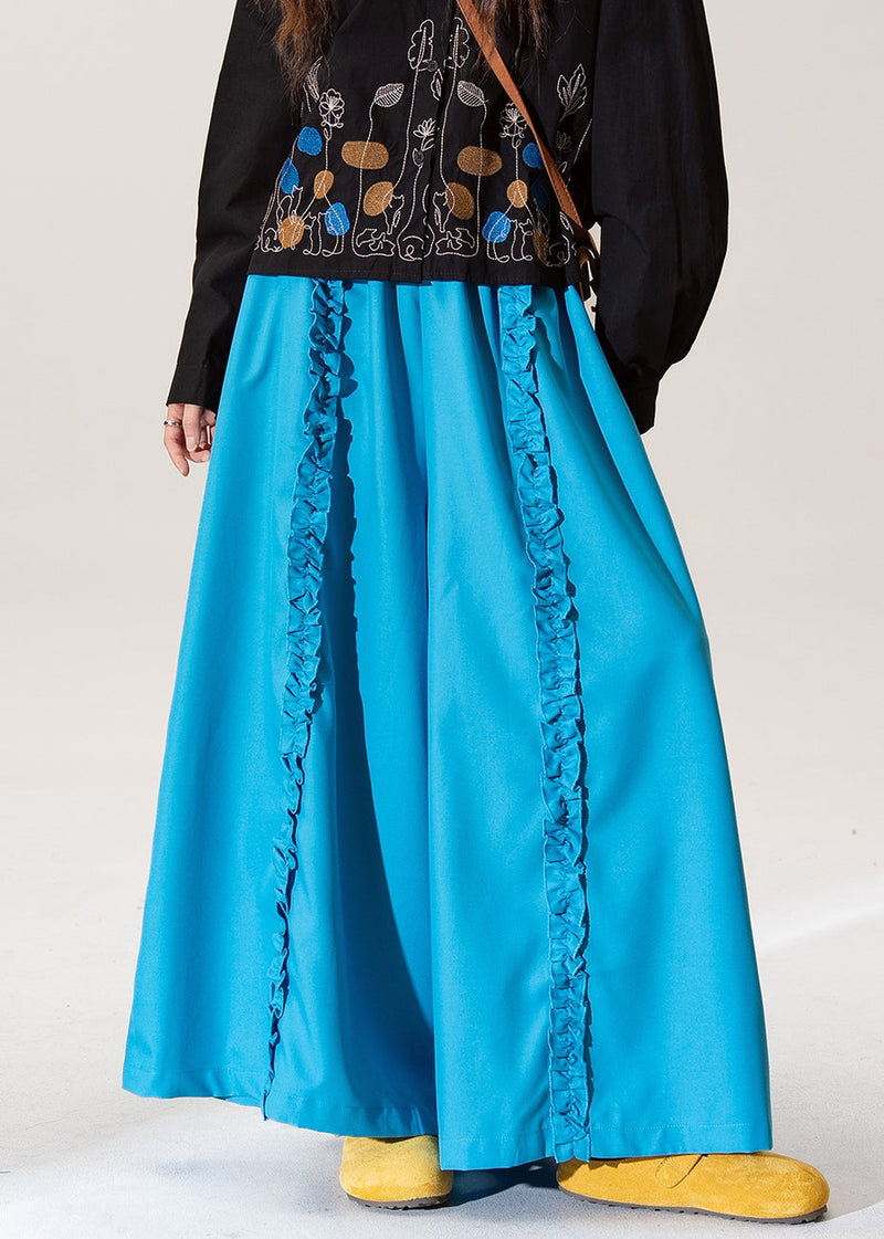 Blue Ruffled Elastic Waist Cotton Pants Spring