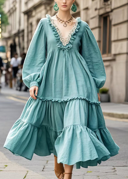 Blue Ruffled Oversized Cotton Maxi Dress Spring