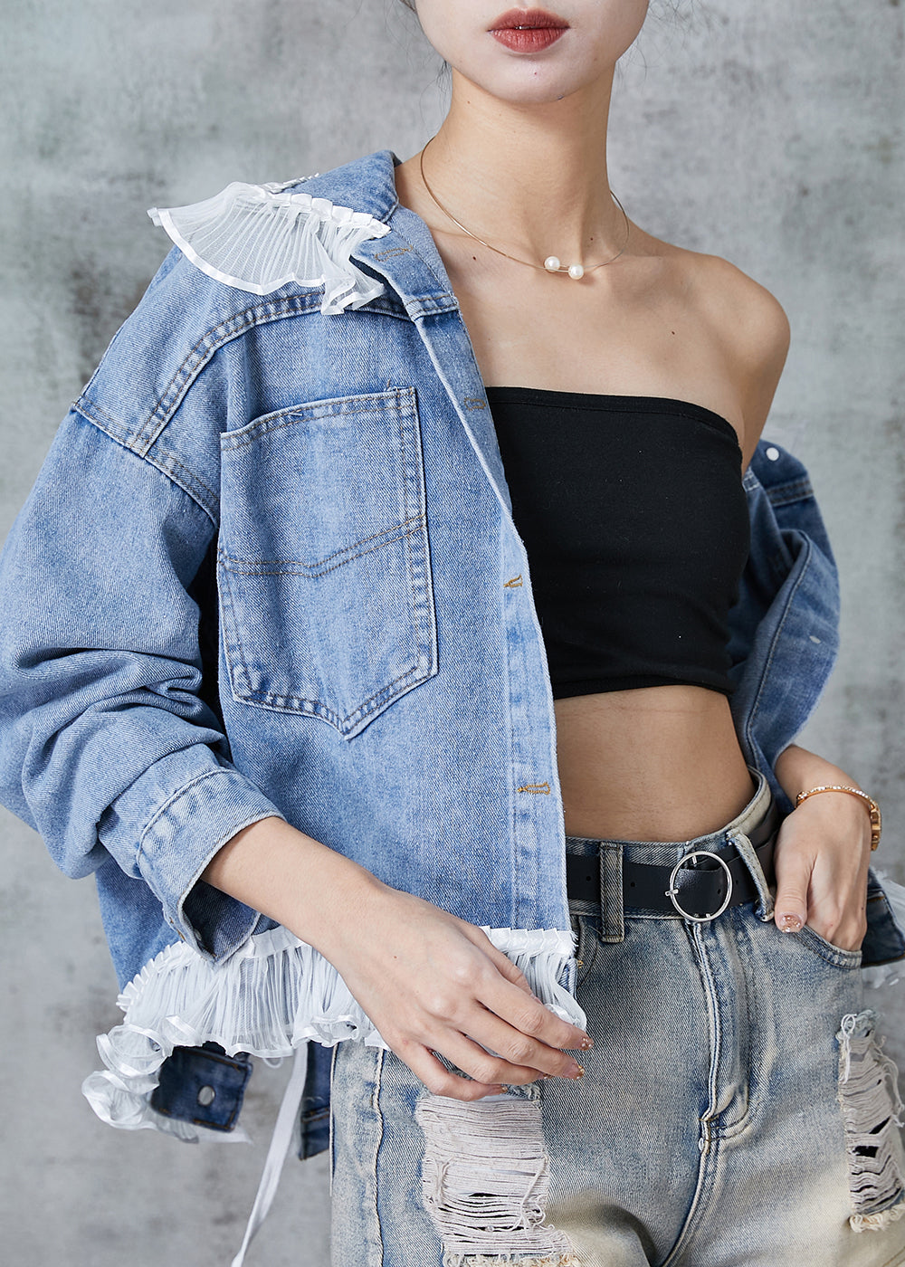Blue Ruffled Patchwork Denim Coats Spring