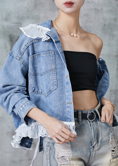 Blue Ruffled Patchwork Denim Coats Spring