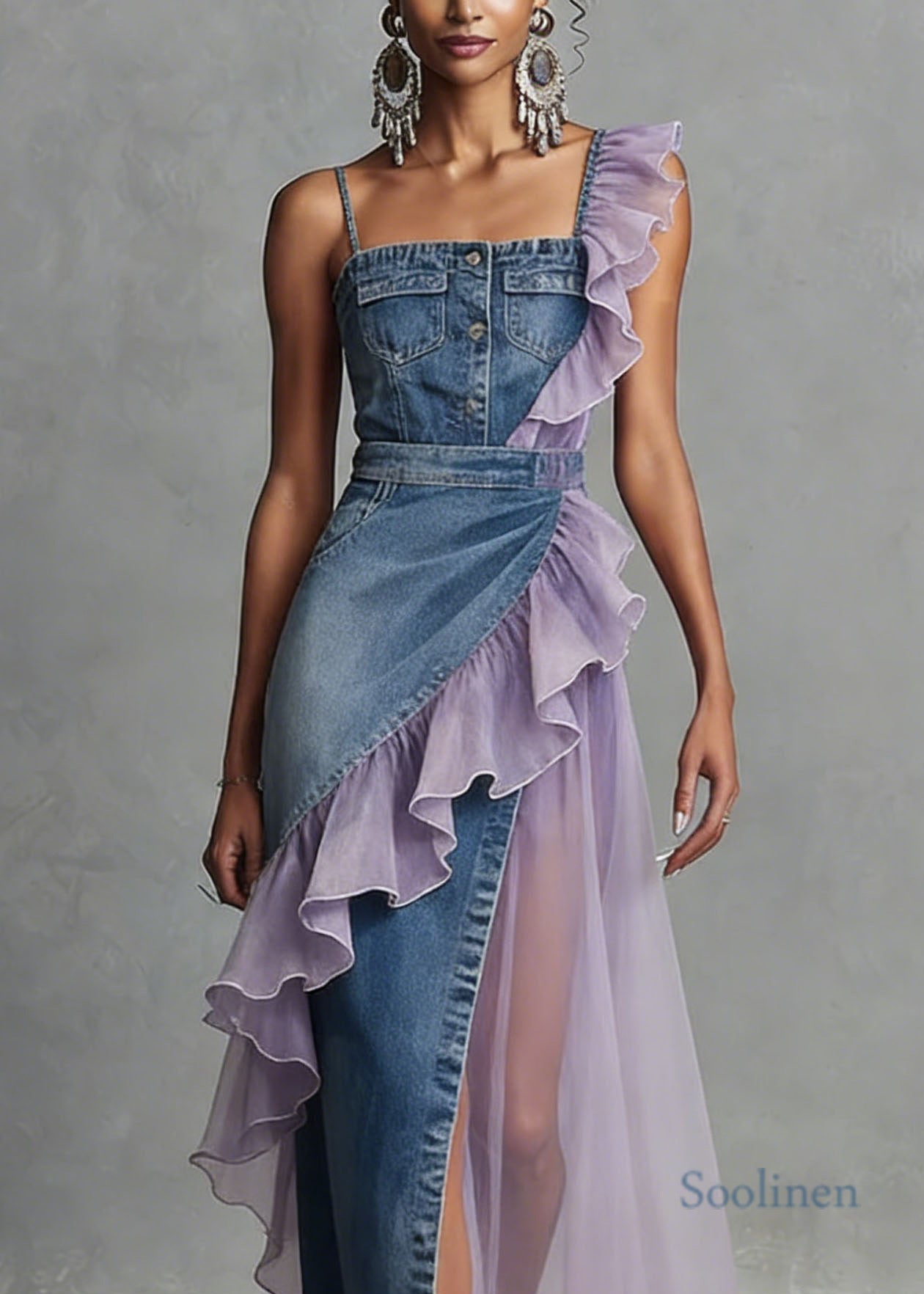 Blue Ruffled Patchwork Denim Spaghetti Strap Dress Summer