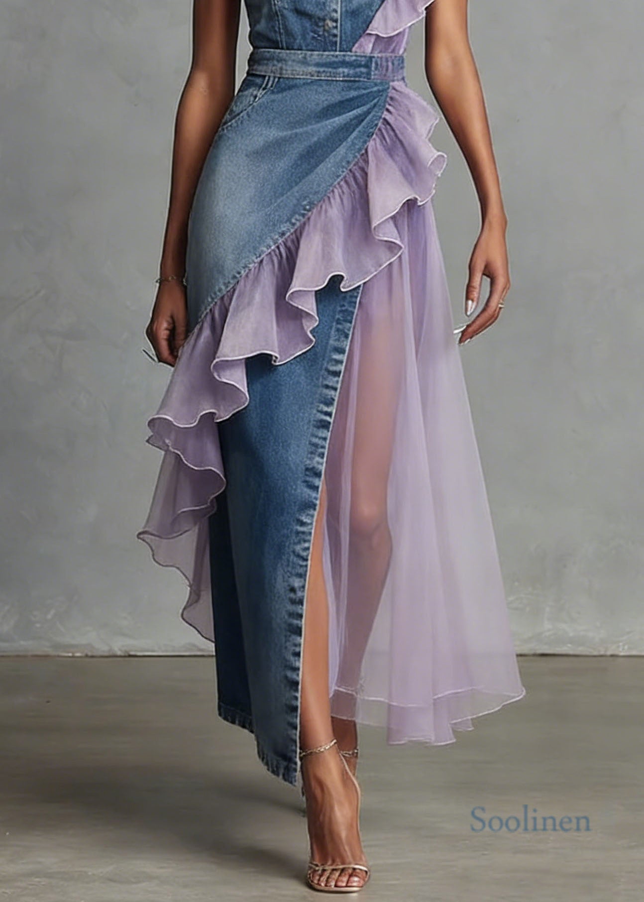 Blue Ruffled Patchwork Denim Spaghetti Strap Dress Summer