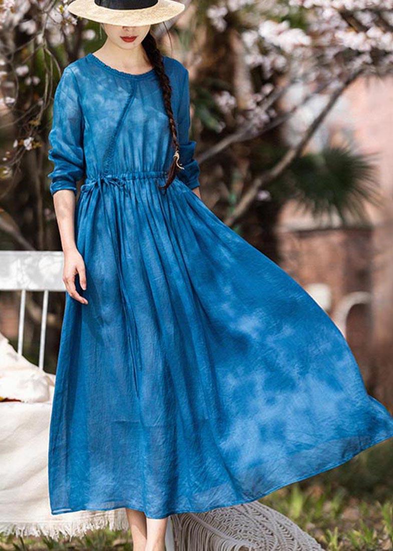 Blue Ruffled Pockets Party Summer Linen Dress