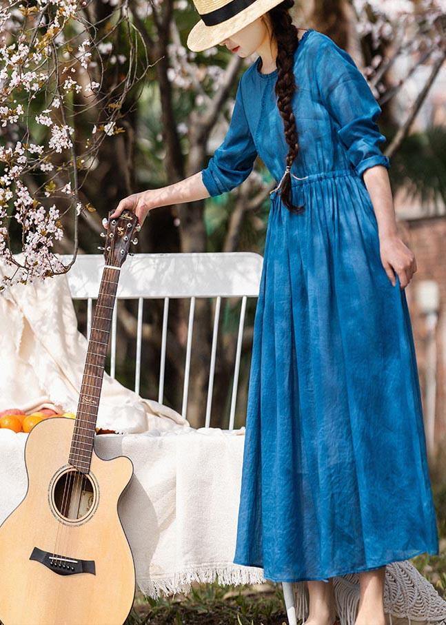Blue Ruffled Pockets Party Summer Linen Dress