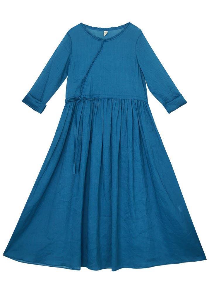 Blue Ruffled Pockets Party Summer Linen Dress