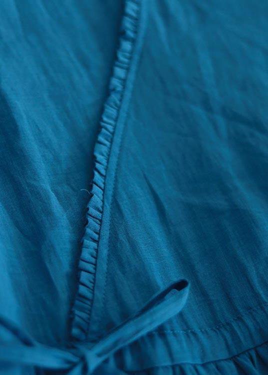 Blue Ruffled Pockets Party Summer Linen Dress