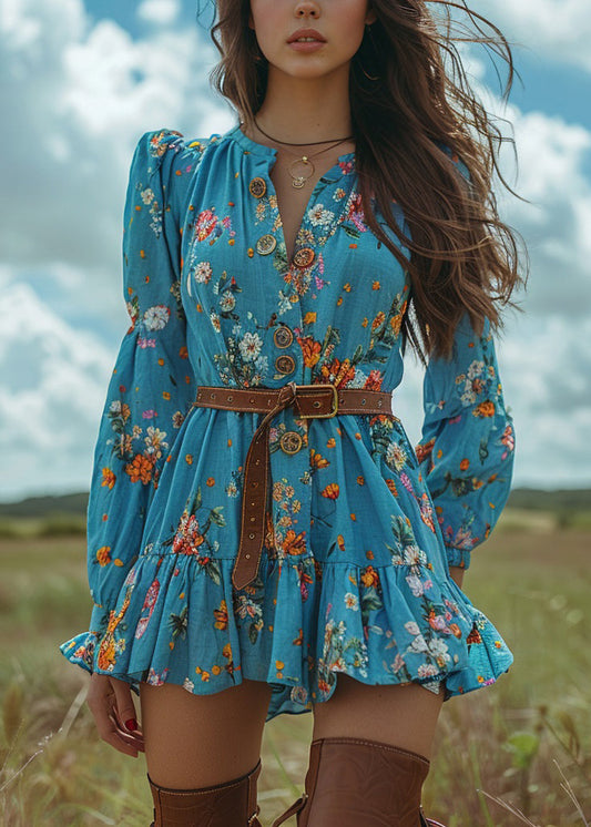 Blue Ruffled Print Button Cotton Short Dresses Spring