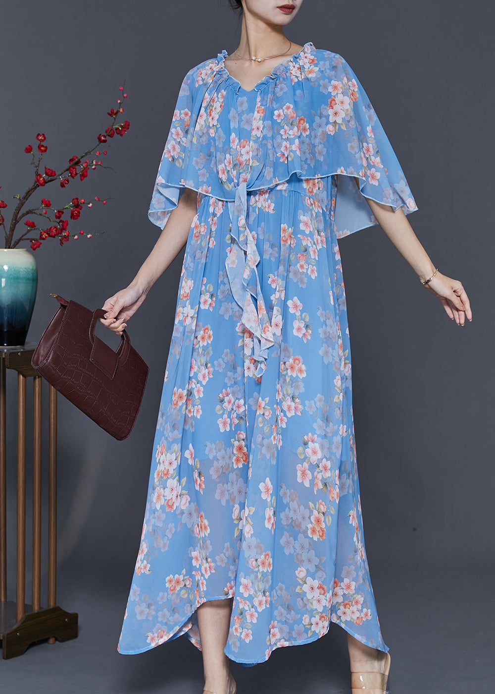 Blue Ruffled Print Chiffon Dresses Cloak Sleeves