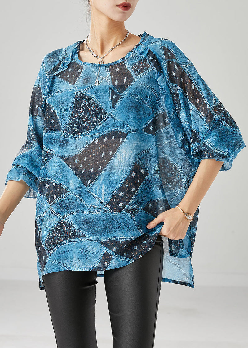 Blue Ruffled Print Chiffon Tanks Fall