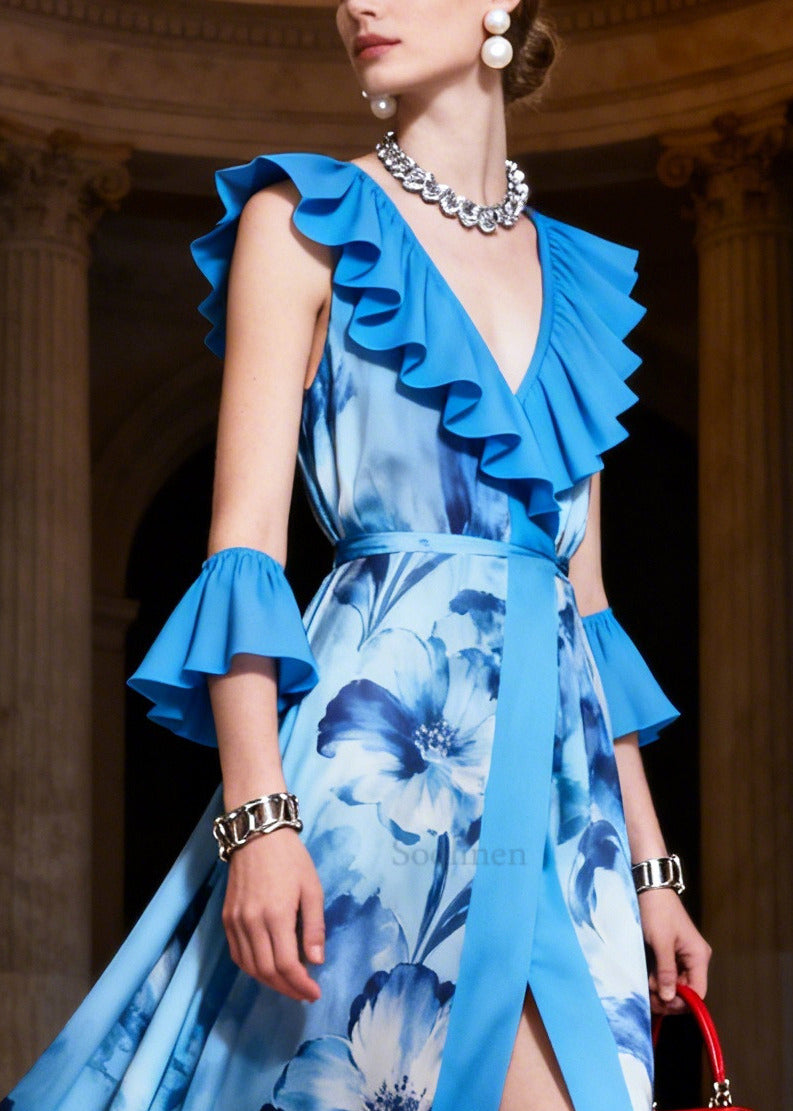 Blue Ruffled Print Chiffon Vacation Dress Sleeveless