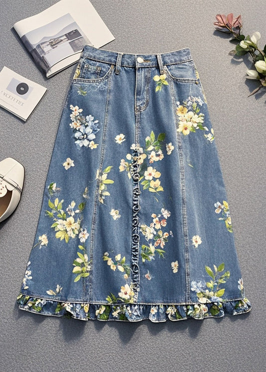 Blue Ruffled Print Denim Skirt Fall