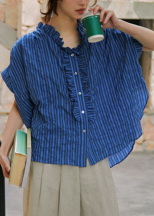 Blue Ruffled Striped Cotton Blouse Top Summer