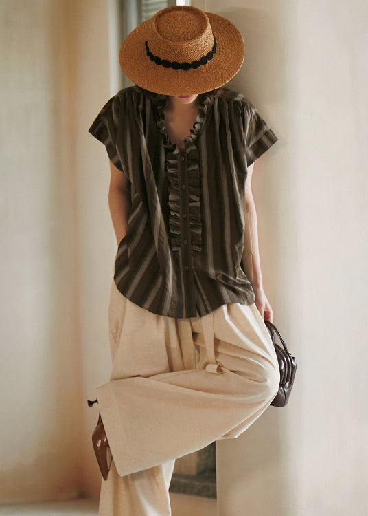 Blue Ruffled Striped Cotton Blouse Top Summer