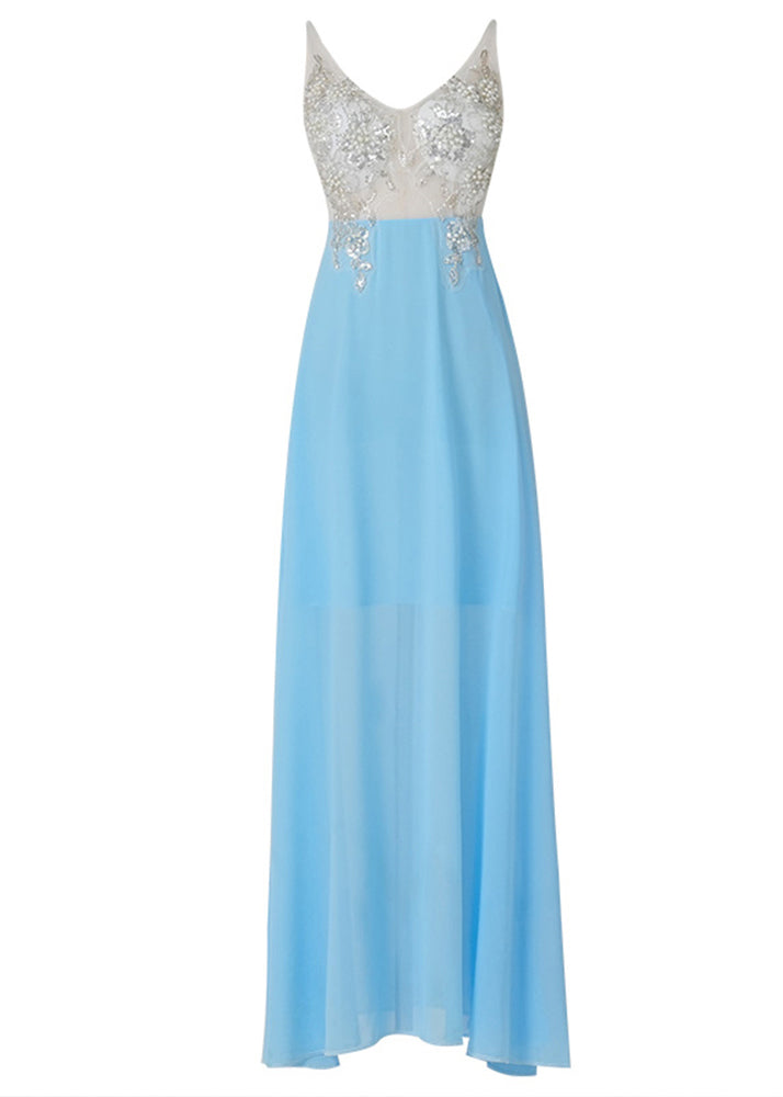 Blue Sequins Patchwork Chiffon Long Dress Summer