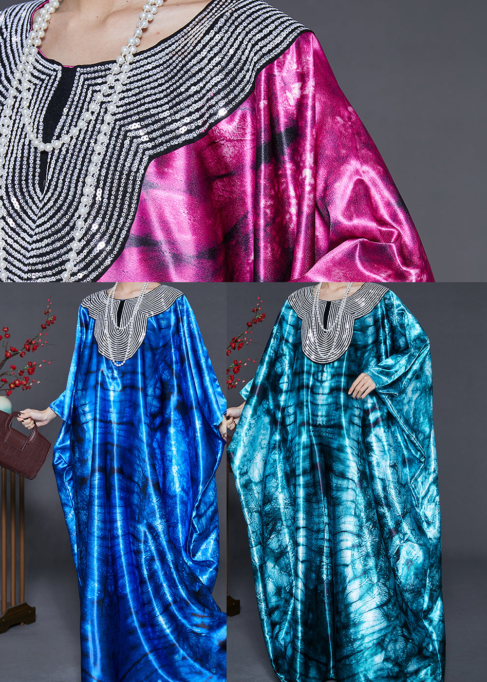 Blue Sequins Tie Dye Silk Holiday Dress Summer