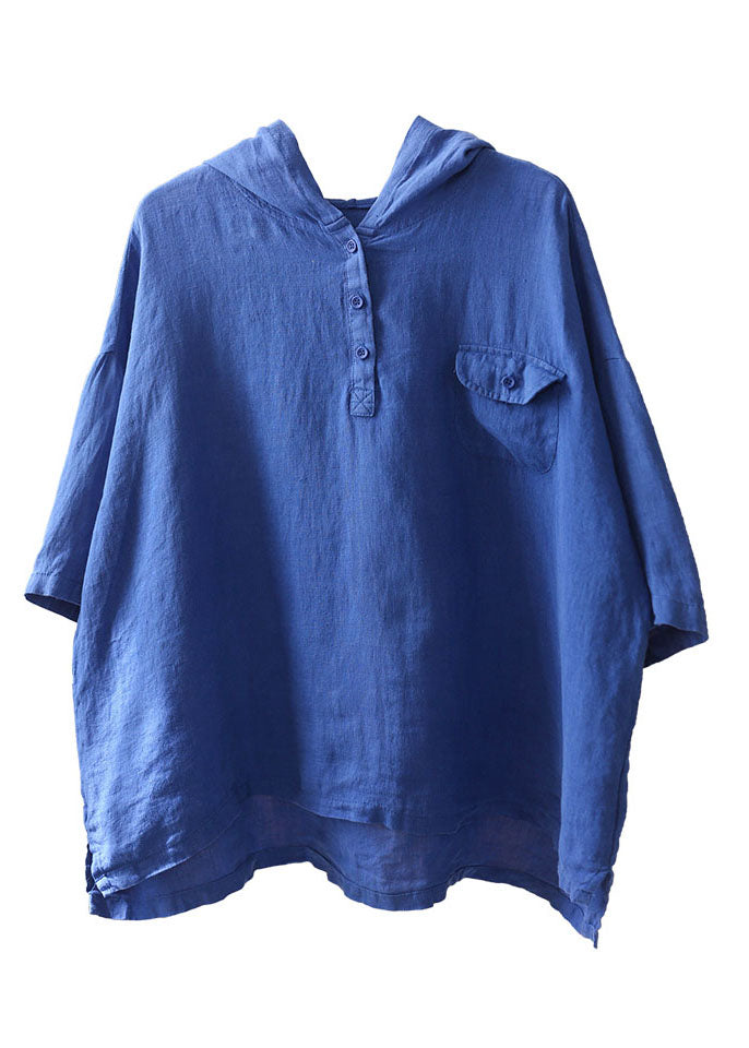 Blue Color Hooded Pockets Cotton Blend Pullover Top Summer
