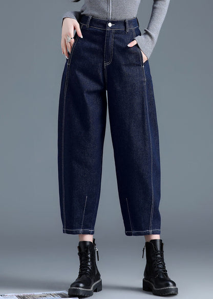 Blue High Waist Pockets Cotton Denim Harem Pants Summer
