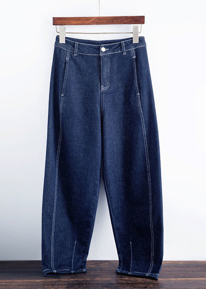 Blue High Waist Pockets Cotton Denim Harem Pants Summer