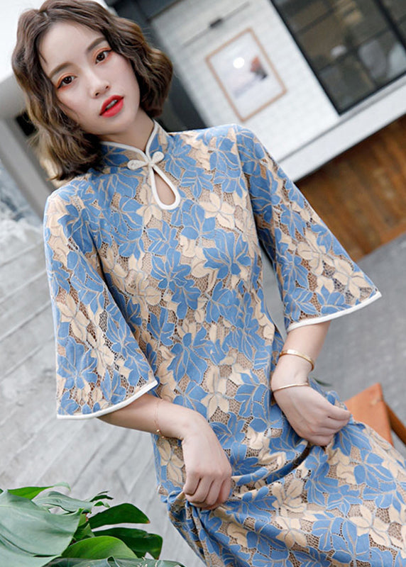 Blue Stand Collar Button Lace Cheongsam Dress Half Sleeve