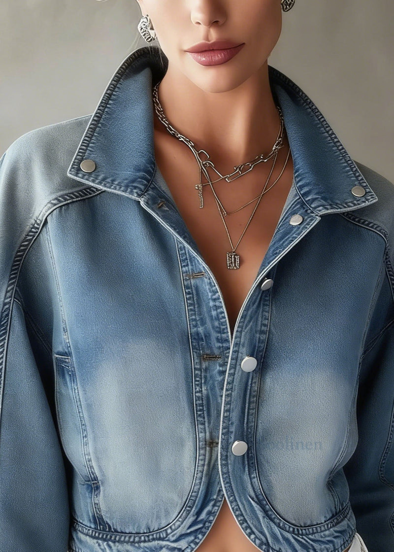 Blue Stand Collar Button Patchwork Denim Coat Spring