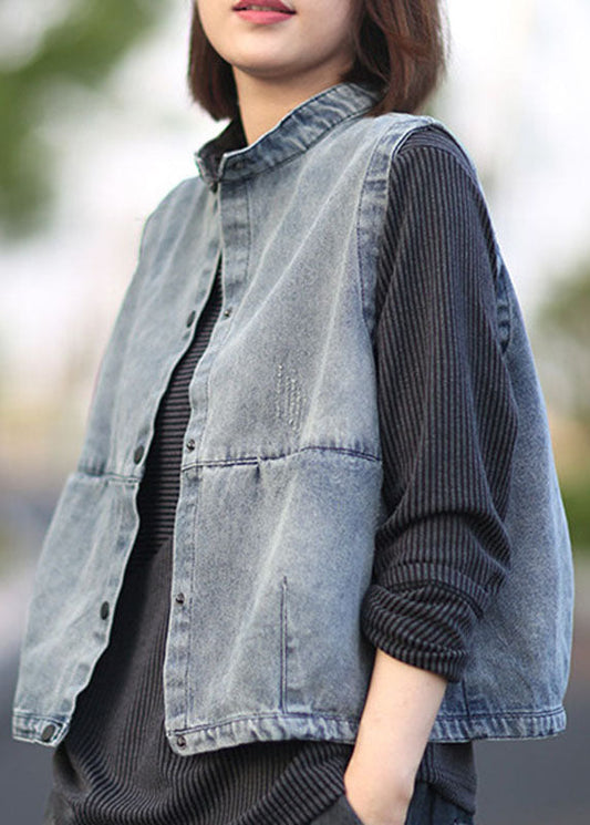 Blue Stand Collar Button Pockets Fall Denim Sleeveless Waistcoat