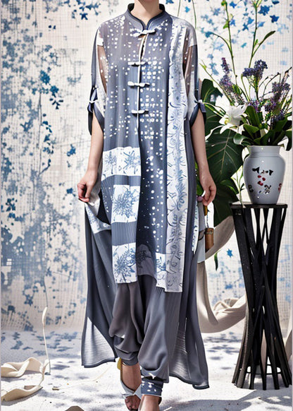 Blue Stand Collar Chinese Button Patchwork Silk Dresses Summer