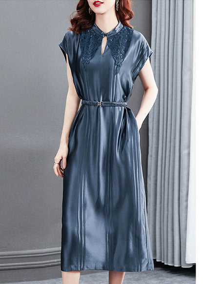 Blue Stand Collar Cinched Silk Long Dresses Summer
