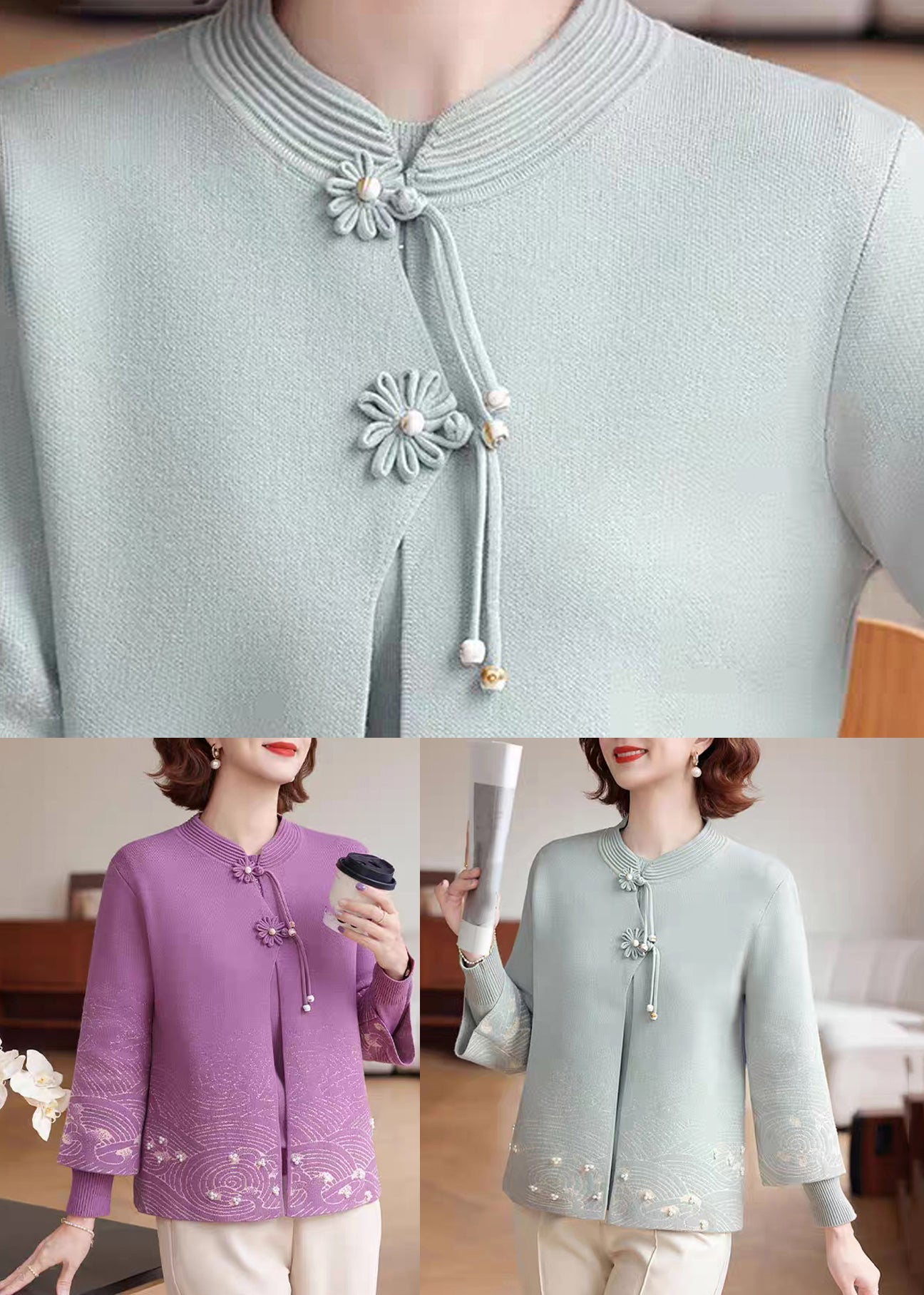 Blue Stand Collar Cotton Knit Coats Three Quarter Sleeve
