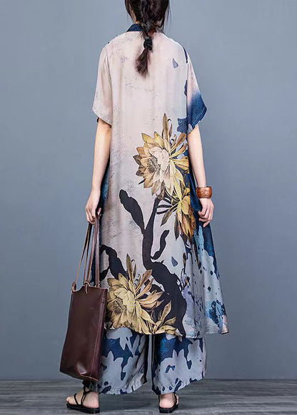 Blue Stand Collar Draping Print Silk Long Shirt and Wide Leg Pants Two Piece Suit Set Summer