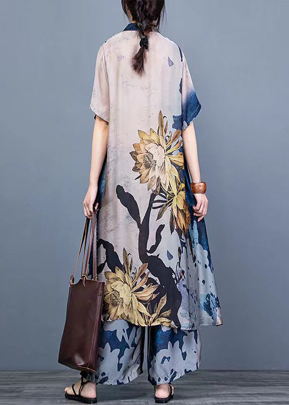 Blue Stand Collar Draping Print Silk Long Shirt and Wide Leg Pants Two Piece Suit Set Summer