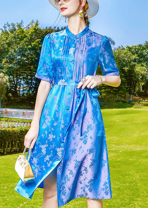 Blue Stand Collar Jacquard Tie Waist Silk Shirt Dress Short Sleeve