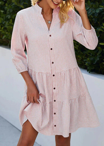 Blue Stand Collar Plaid Button Mid Shirts Dress Fall