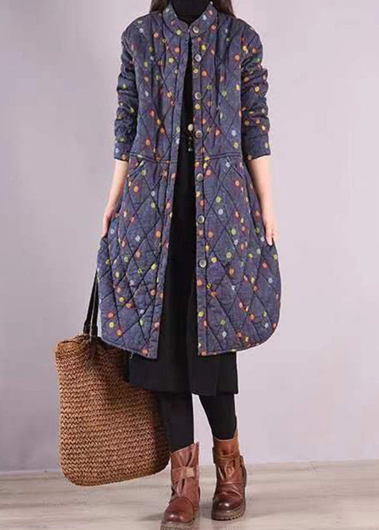Blue Stand Collar Pockets Patchwork Fine Cotton Filled Coat Winter