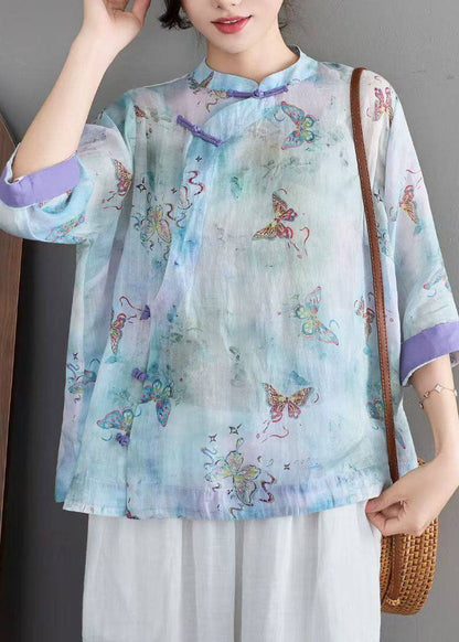 Blue Stand Collar Print Chinese Button Linen Shirt Summer