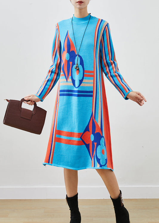 Blue Stand Collar Print Knit a Line Dress Spring