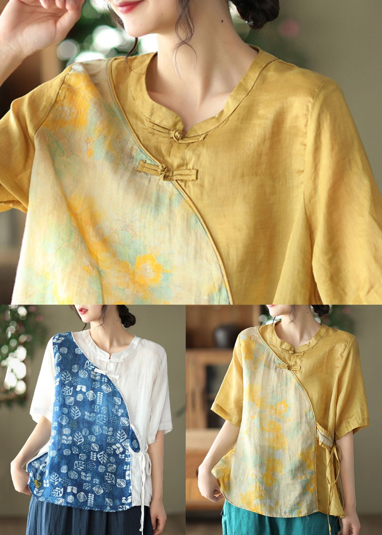 Blue Stand Collar Print Patchwork Linen Shirt Top Summer
