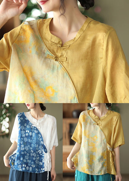 Blue Stand Collar Print Patchwork Linen Shirt Top Summer