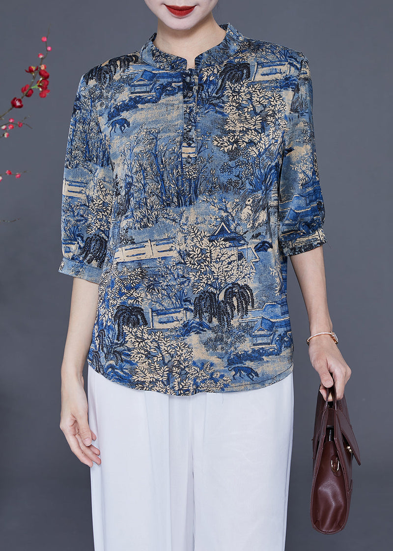 Blue Stand Collar Print Silk Shirt Tops Half Sleeve