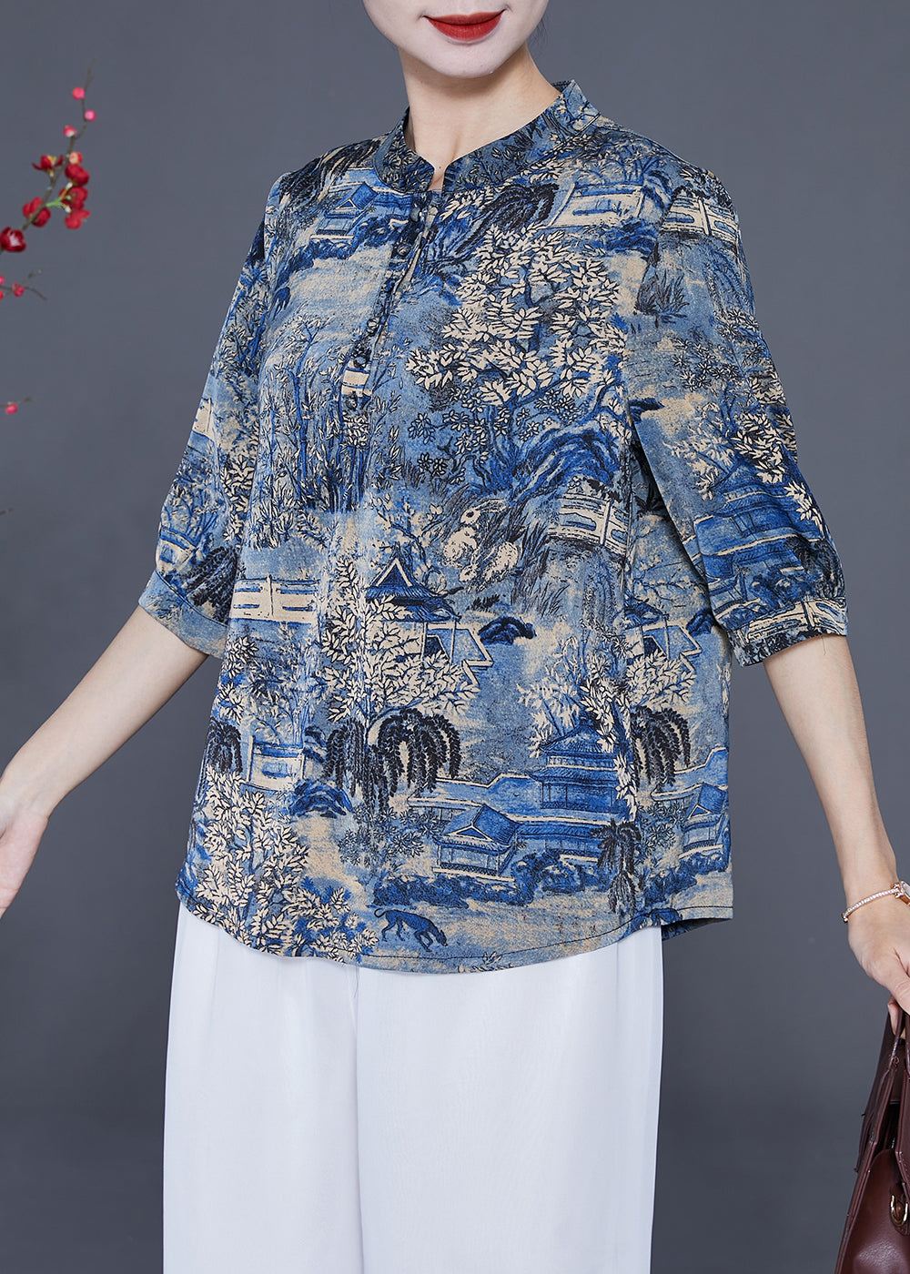 Blue Stand Collar Print Silk Shirt Tops Half Sleeve