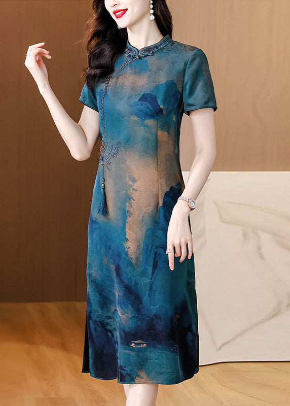 Blue Stand Collar Tasseled Print Silk Dress Summer