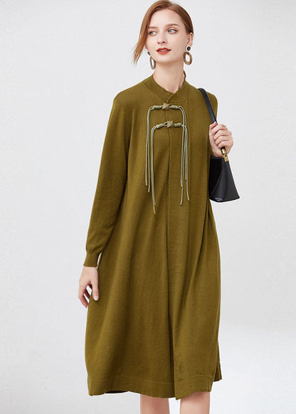 Blue Stand Collar Wool Knit Long Dresses Long Sleeve