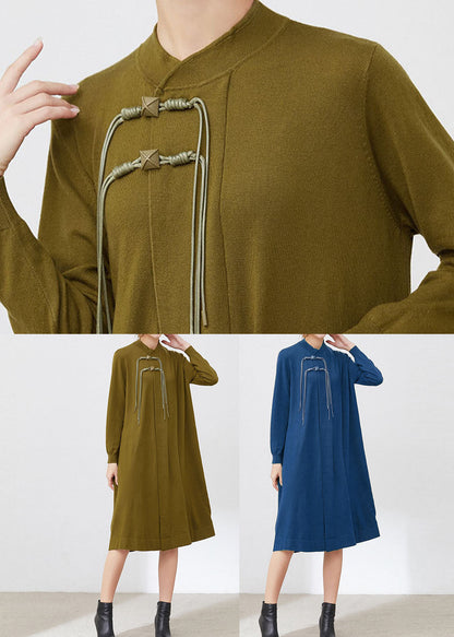Blue Stand Collar Wool Knit Long Dresses Long Sleeve