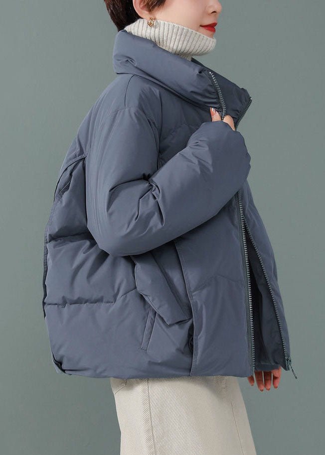 Blue Stand Collar Zip Up Duck Down Jackets Long Sleeve