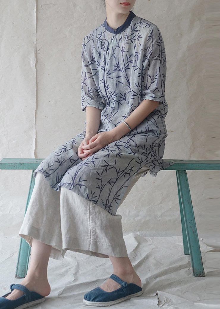 Blue Stand Collar Side Open Print Patchwork Linen Dresses Three Quarter Sleeve