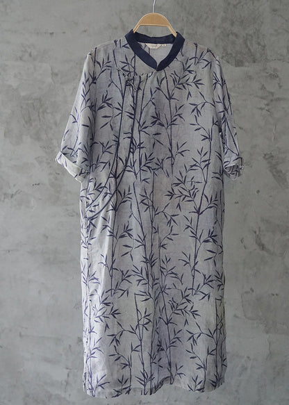 Blue Stand Collar Side Open Print Patchwork Linen Dresses Three Quarter Sleeve