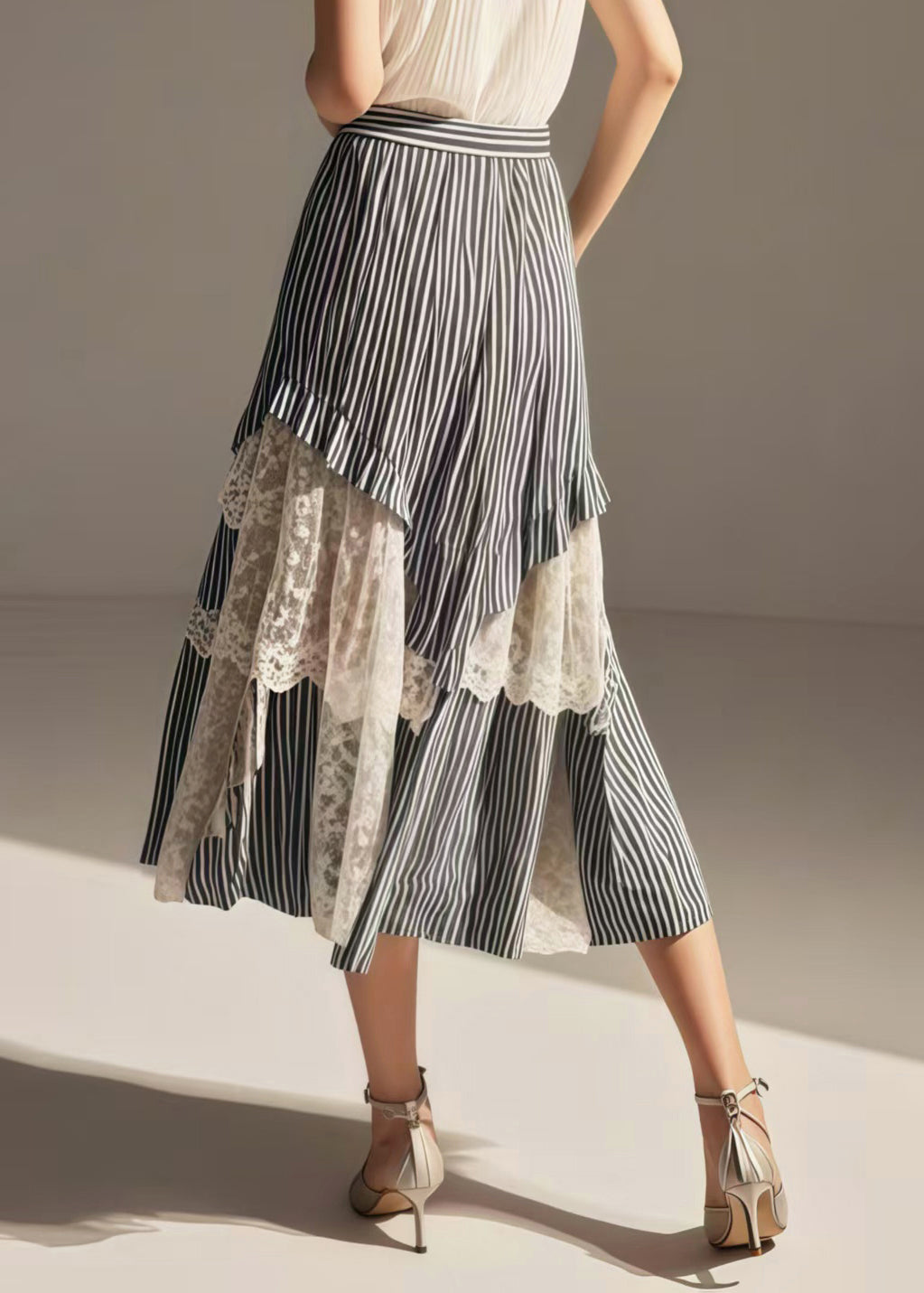 Blue Striped Asymmetrical Patchwork Lace Skirts Summer
