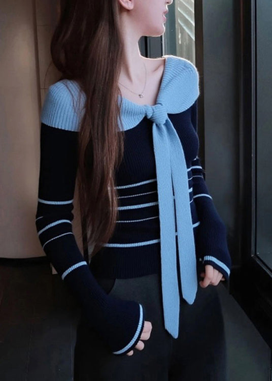 Blue Striped Bow Patchwork Knit Sweater Spring